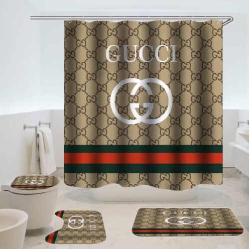 Brown Gucci shower curtain and bathroom set