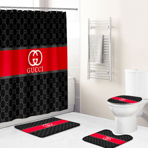 Red and black Gucci shower curtain bathroom set