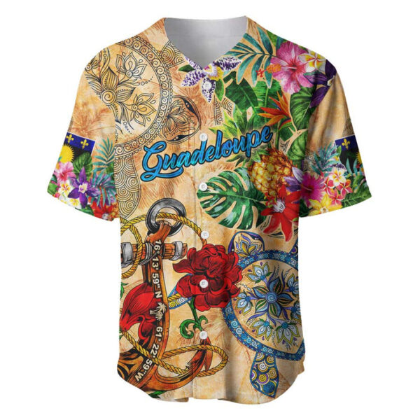 Guadeloupe Baseball Jersey Geographic Coordinate Anchor - Turlte Tropical - Blakeli