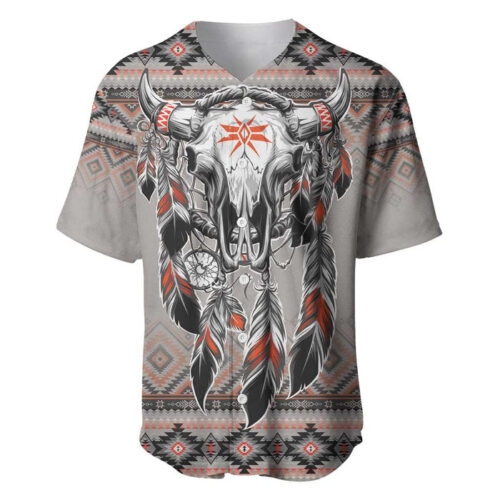 Native American Buffalo Skull Baseball Jersey with Dream Catchers Feathers - Blakeli
