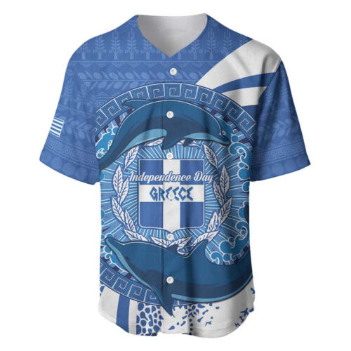 Greece Independence Day Baseball Jersey Greek Pattern With Dolphins - Blakeli