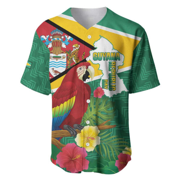 Guyana Republic Day Baseball Jersey Scarlet Macaw With Map Tropical Style - Blakeli