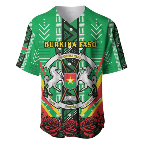 Personalised Burkina Faso Baseball Jersey Coat Of Arms Bogolan Pattern - Blakeli