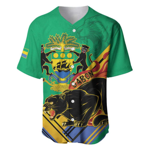 Gabon Black Panther Baseball Jersey Coat Of Arms - Blakeli