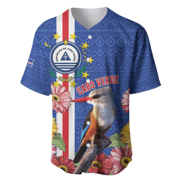 Personalised Cape Verde Baseball Jersey Grey-Headed Kingfisher Mix Gerbera Daisy - Blakeli