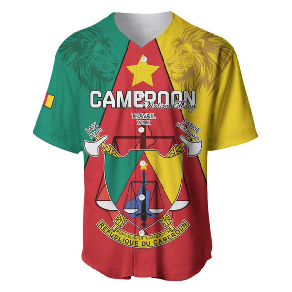 Personalised Cameroon National Day Baseball Jersey Coat Of Arms With Lion - Blakeli