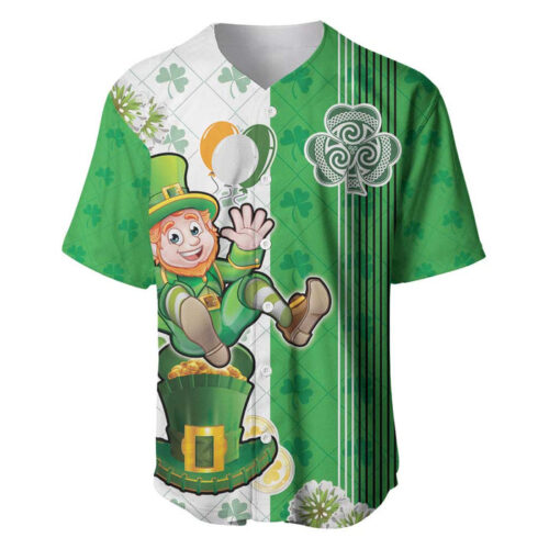 Ireland 17th March Saint Patrick's Day Baseball Jersey Irish Leprechaun with Shamrock - Blakeli