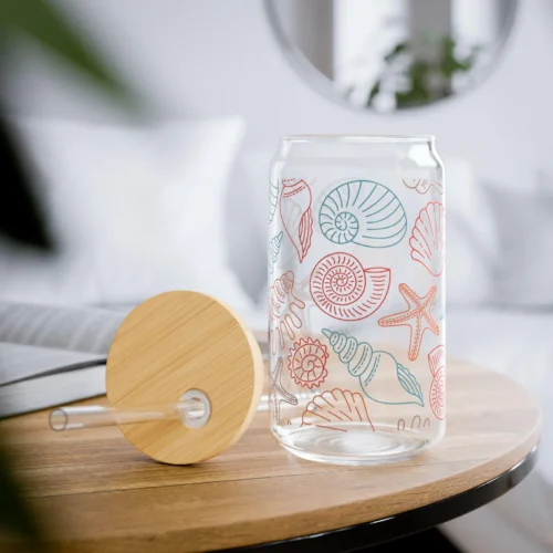 Seashells Iced Coffee Cup with Lid and Straw - Glass Tumbler 16oz - Blakeli