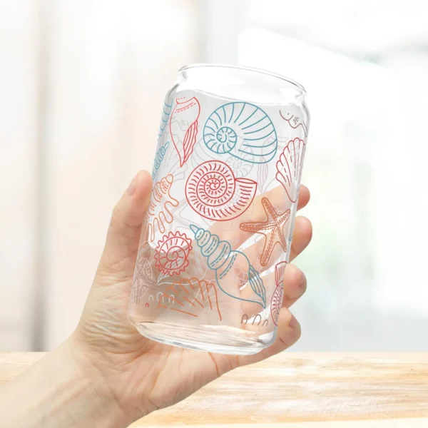 Seashells Iced Coffee Cup with Lid and Straw - Glass Tumbler 16oz - Blakeli