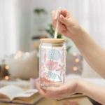Seashells Iced Coffee Cup with Lid and Straw - Glass Tumbler 16oz - Blakeli