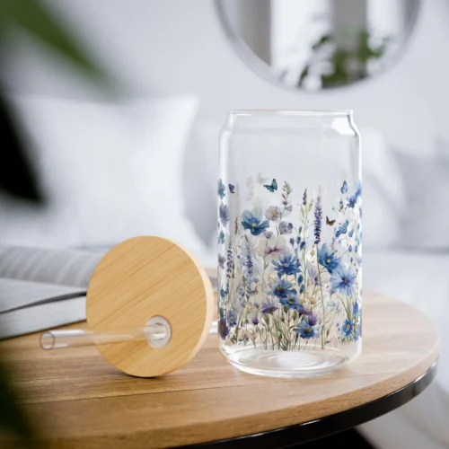 Blue Wildflower Iced Coffee Cup with Lid and Straw - Glass Tumbler 16oz - Blakeli