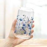Blue Wildflower Iced Coffee Cup with Lid and Straw - Glass Tumbler 16oz - Blakeli