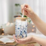 Blue Wildflower Iced Coffee Cup with Lid and Straw - Glass Tumbler 16oz - Blakeli