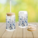 Blue Wildflower Iced Coffee Cup with Lid and Straw - Glass Tumbler 16oz - Blakeli