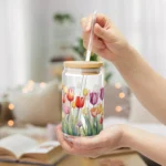 Tulip Iced Coffee Cup with Lid and Straw - Glass Tumbler 16oz - Blakeli