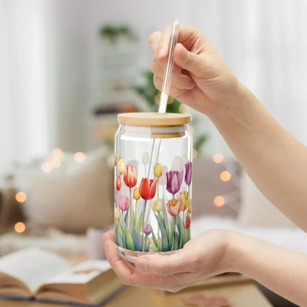 Tulip Iced Coffee Cup with Lid and Straw - Glass Tumbler 16oz - Blakeli