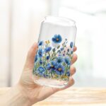 Spring Blue Flower Iced Coffee Cup with Lid and Straw - Glass Tumbler 16oz - Blakeli