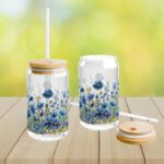 Spring Blue Flower Iced Coffee Cup with Lid and Straw - Glass Tumbler 16oz - Blakeli