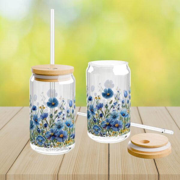 Spring Blue Flower Iced Coffee Cup with Lid and Straw - Glass Tumbler 16oz - Blakeli