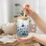Spring Blue Flower Iced Coffee Cup with Lid and Straw - Glass Tumbler 16oz - Blakeli