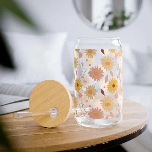 Daisy Iced Coffee Cup with Lid and Straw - Glass Tumbler 16oz - Blakeli