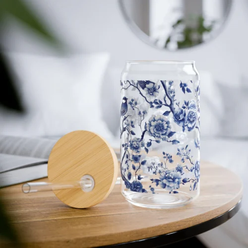 Chinoiserie Iced Coffee Cup with Lid and Straw - Glass Tumbler 16oz - Blakeli