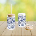 Chinoiserie Iced Coffee Cup with Lid and Straw - Glass Tumbler 16oz - Blakeli