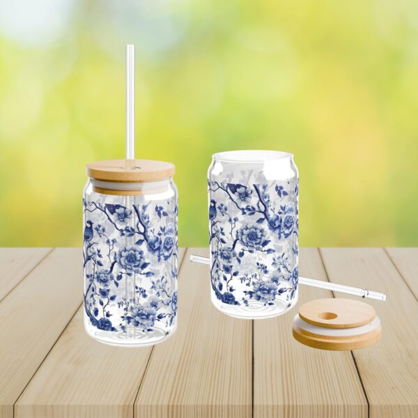 Chinoiserie Iced Coffee Cup with Lid and Straw - Glass Tumbler 16oz - Blakeli