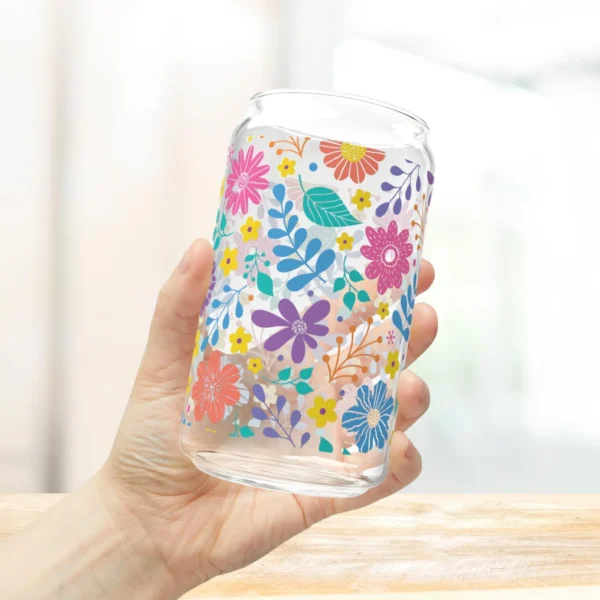 Boho Iced Coffee Cup with Lid and Straw - Glass Tumbler 16oz - Blakeli