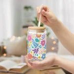 Boho Iced Coffee Cup with Lid and Straw - Glass Tumbler 16oz - Blakeli