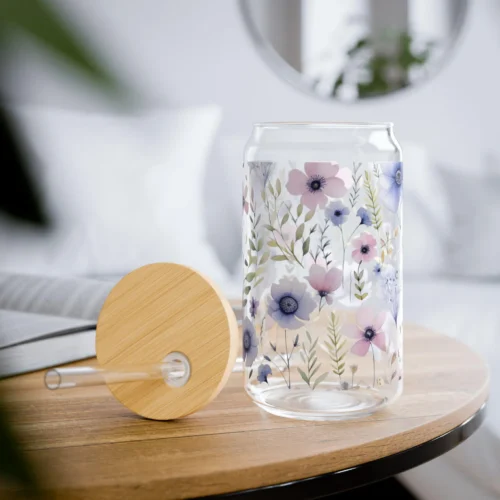 Spring Flower Iced Coffee Cup with Lid and Straw - Glass Tumbler 16oz - Blakeli