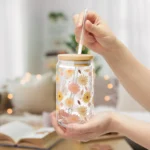 Daisy Iced Coffee Cup with Lid and Straw - Glass Tumbler 16oz - Blakeli