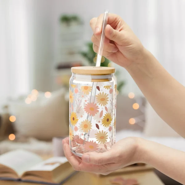 Daisy Iced Coffee Cup with Lid and Straw - Glass Tumbler 16oz - Blakeli
