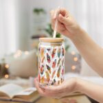 Boho Ethic Tribal Iced Coffee Cup with Lid and Straw - Glass Tumbler 16oz - Blakeli