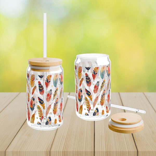 Boho Ethic Tribal Iced Coffee Cup with Lid and Straw - Glass Tumbler 16oz - Blakeli
