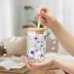 Spring Flower Iced Coffee Cup with Lid and Straw - Glass Tumbler 16oz - Blakeli