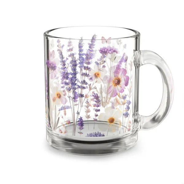 Lavender & Wildflowers Glass Mug (10oz) – Clear Floral Mug - Blakeli
