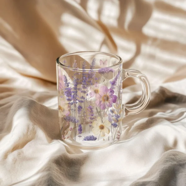 Lavender & Wildflowers Glass Mug (10oz) – Clear Floral Mug - Blakeli