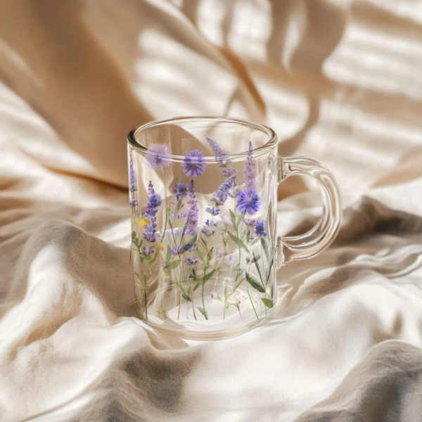 Lavender and Cornflowers Glass Mug (10oz) – Clear Floral Mug - Blakeli