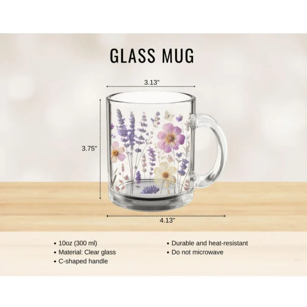 Lavender & Wildflowers Glass Mug (10oz) – Clear Floral Mug - Blakeli