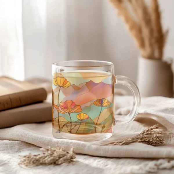 Mountain Poppies Glass Mug (10oz) – Clear Floral Mug - Blakeli