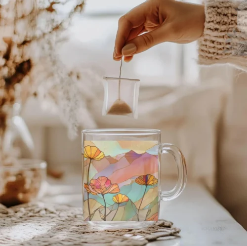 Mountain Poppies Glass Mug (10oz) – Clear Floral Mug - Blakeli