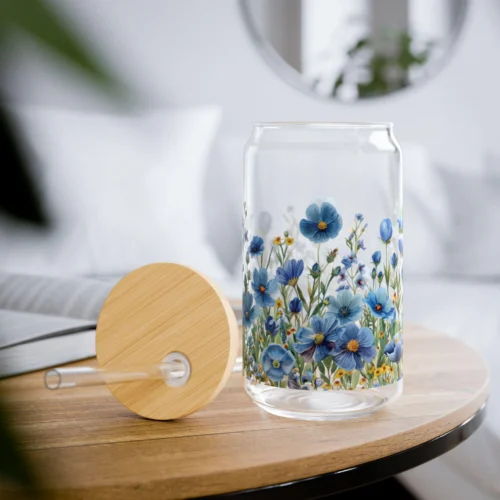 Spring Blue Flower Iced Coffee Cup with Lid and Straw - Glass Tumbler 16oz - Blakeli
