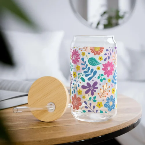 Boho Iced Coffee Cup with Lid and Straw - Glass Tumbler 16oz - Blakeli