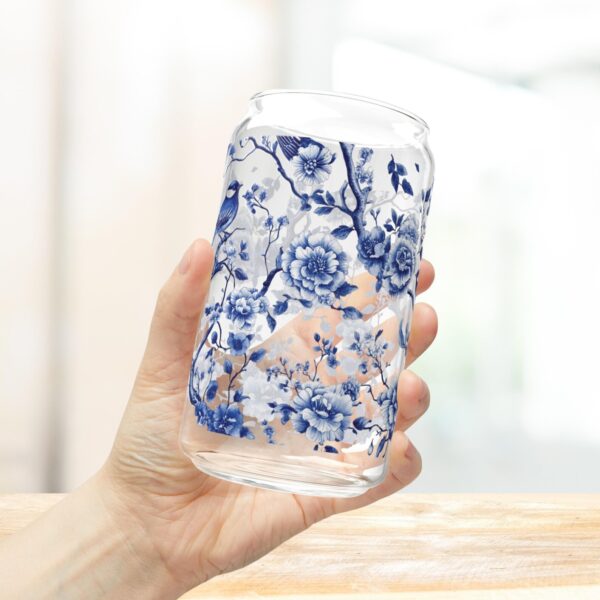 Chinoiserie Iced Coffee Cup with Lid and Straw - Glass Tumbler 16oz - Blakeli