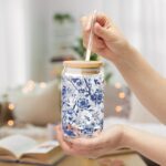 Chinoiserie Iced Coffee Cup with Lid and Straw - Glass Tumbler 16oz - Blakeli