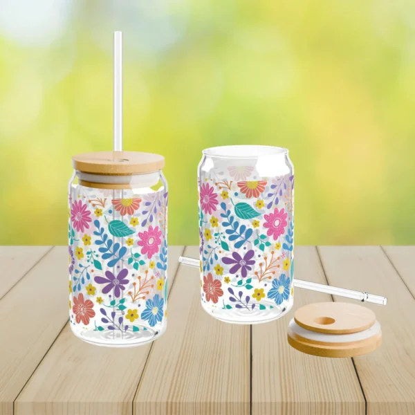 Boho Iced Coffee Cup with Lid and Straw - Glass Tumbler 16oz - Blakeli