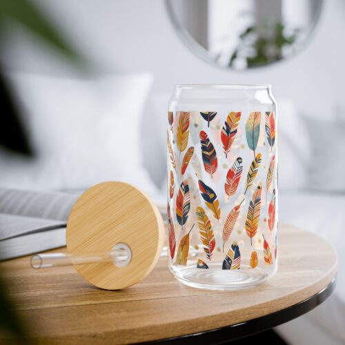 Boho Ethic Tribal Iced Coffee Cup with Lid and Straw - Glass Tumbler 16oz - Blakeli