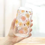 Daisy Iced Coffee Cup with Lid and Straw - Glass Tumbler 16oz - Blakeli