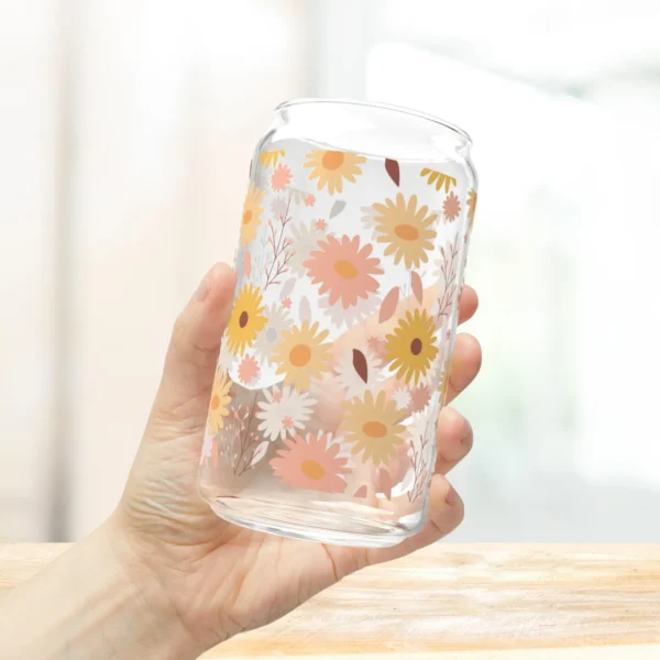 Daisy Iced Coffee Cup with Lid and Straw - Glass Tumbler 16oz - Blakeli